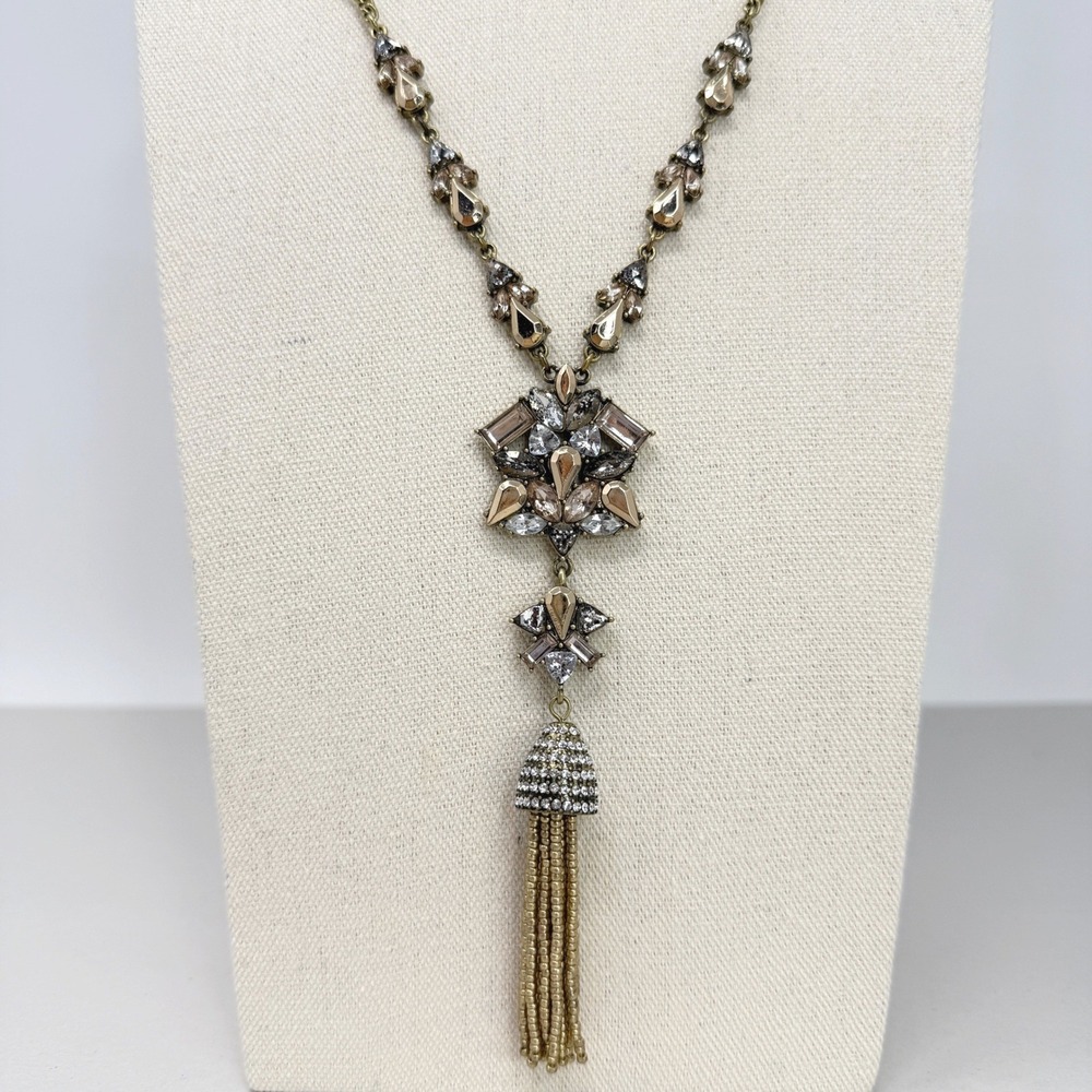 BaubleBar‎ Statement Necklace Brass Tone Crystal Tassel Pendant Bohemian Vintage